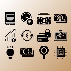 Money, credit card and magnifier related premium icon set
