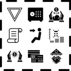 Simple 9 icon set of finance related yield, security box, credit card and profits vector icons. Collection Illustration