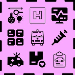 Simple 9 icon set of medicine related structure, ambulance, syringe and box vector icons. Collection Illustration