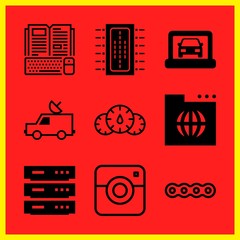 Simple 9 icon set of internet related server, online course, van an antenna and connection vector icons. Collection Illustration