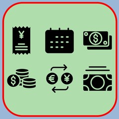 Simple 6 icon set of business related calendar, dollar, money and money vector icons. Collection Illustration