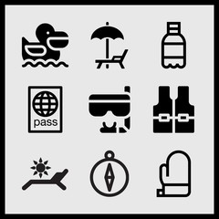 Simple 9 set of Summer related beach umbrella and hammock, soda, pelican and chain and sun vector icons