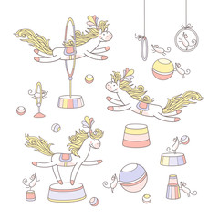 Circus is fun. Hand drawn set of elements with cute pony and mouse characters.