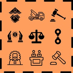 Simple 9 icon set of legal related tow truck, justice, jury and auction vector icons. Collection Illustration