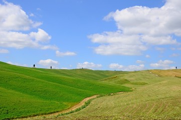 Beautiful landscape of hills, cypress trees and houses in Tuscany, Italy