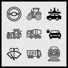 Simple 9 icon set of car related elevator, bulldozer, car and padlock and steering wheel vector icons. Collection Illustration