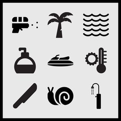 Fototapeta premium Simple 9 set of Summer related sea, snail, coconut tree and summer temperature vector icons