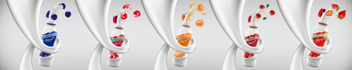 Set of Yogurt bottle ads in milk swirl, commercial vector yogurt mock-up hyperrealistic illustration