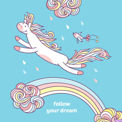 Follow your dream.  Cute pony is jumping under a rainbow.