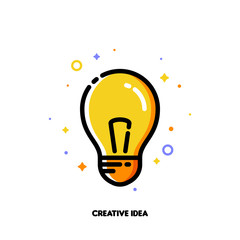 Fototapeta na wymiar Icon with light bulb as creative idea symbol for right solution or thinking concept. Flat filled outline style. Pixel perfect 64x64. Editable stroke