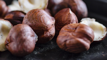 Hazelnuts nuts. Food background. Close up