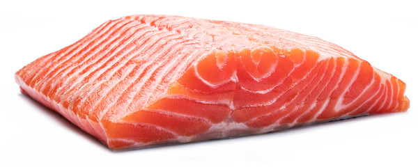 Fresh raw salmon fillet on white background.
