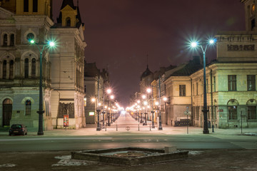 Fototapeta na wymiar Piotrkowska street at night in Lodz city, Lodzkie, Poland