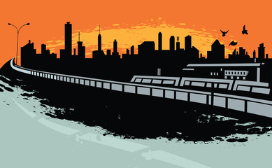 Silhouette of the city at sunset. Urban landscape. Vector illustration.