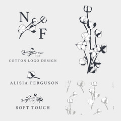 Cotton flower vector hand drawn Logo templates, branding.