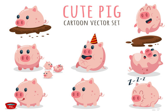 Cute cartoon pig vector set. Illustration with farm animal in different poses isolated on white background.