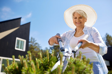 gardening, trimming and people concept - happy senior woman or gardener with hedge trimmer at summer garden - Powered by Adobe