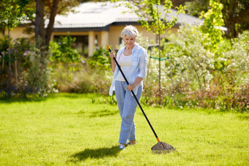 gardening and people concept - happy senior woman with lawn rake working at summer garden
