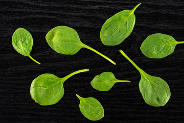 Fresh baby spinach leaves top view on black wood background.