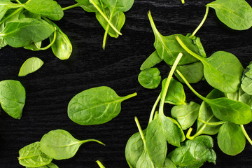 Fresh baby spinach leaves top view on black wood background.