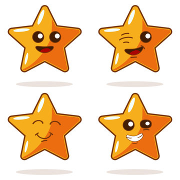 Cute cartoon star with different emotions vector icons set. Illustration of a funny character isolated on white background. Kawaii face emotions.