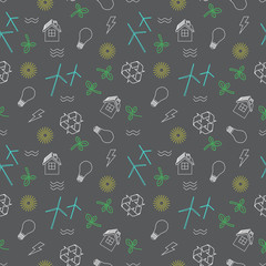 Eco related seamless print.  Contains symbols for different types of electricity generation: wind generators, solar panels, biofuel, hydropower.  Alternative energy concept.  