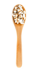 Job's tears in wood spoon on white background