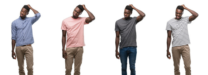 Collage of african american man wearing different outfits confuse and wonder about question. Uncertain with doubt, thinking with hand on head. Pensive concept.