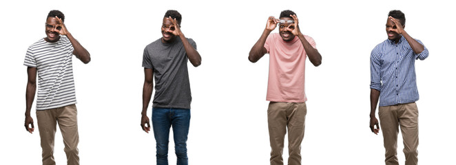 Collage of african american man wearing different outfits doing ok gesture with hand smiling, eye looking through fingers with happy face.