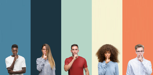 Group of people over vintage colors background asking to be quiet with finger on lips. Silence and...