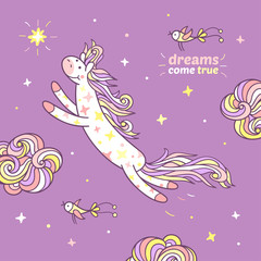 Dreams come true. Cute pony character for kids design.