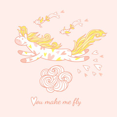You make me fly. Cute hand drawn greeting card.