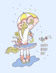 Happy rainy day. Cute animal character for kids design.