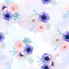 Watercolor seamless background with delicate flowers