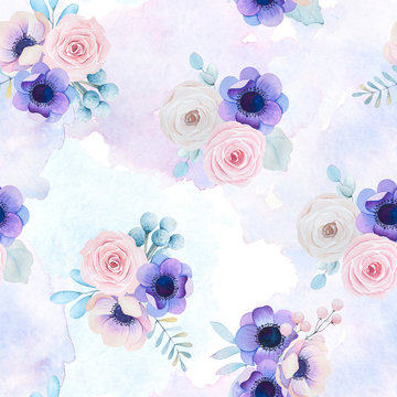 Fototapeta Watercolor seamless background with delicate flowers