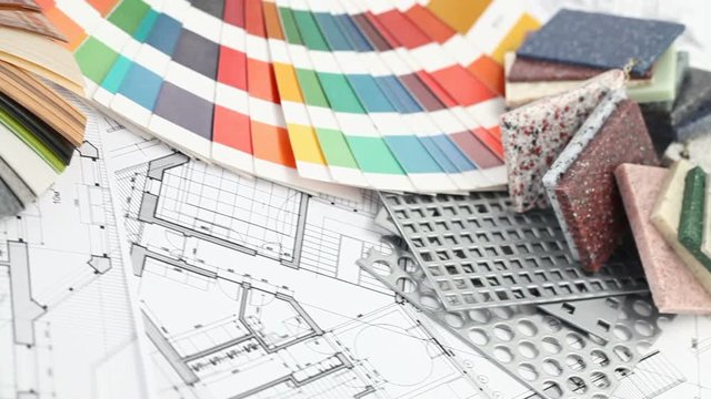 color samples of architectural materials, plastics, and architectural drawings of the modern house
