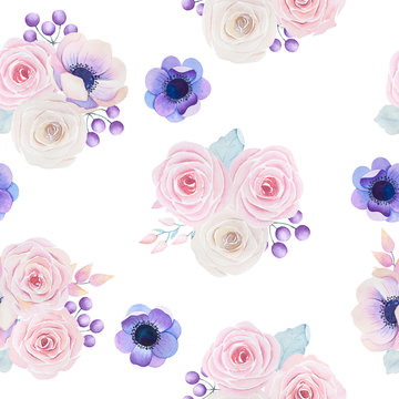 Seamless pattern with watercolor bouquets