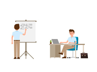 Young man writing on whiteboard, sitting at the office desk cartoon character. Vector illustration of working day