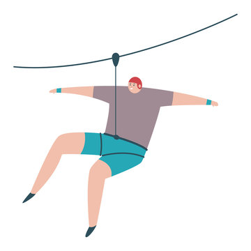 Ziplining Outdoor Sports Illustration. Vector Cartoon Flat Character Of Man Descending On A Rope Isolated On A White Background.