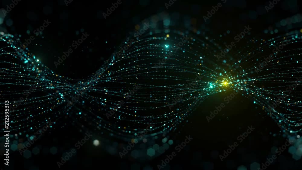 Poster 3d render abstract particle background. lines made of a lot of particles with glow ones are twisted 