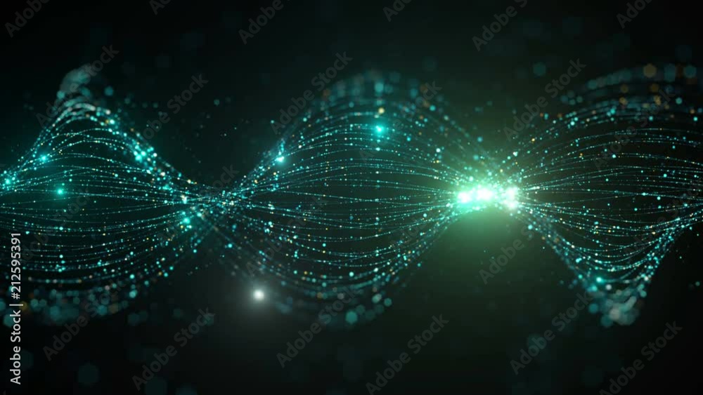 Poster 3d render abstract particle background. lines made of a lot of particles with glow ones are twisted 