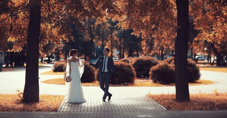 Newlyweds groom and bride walking in autumn park