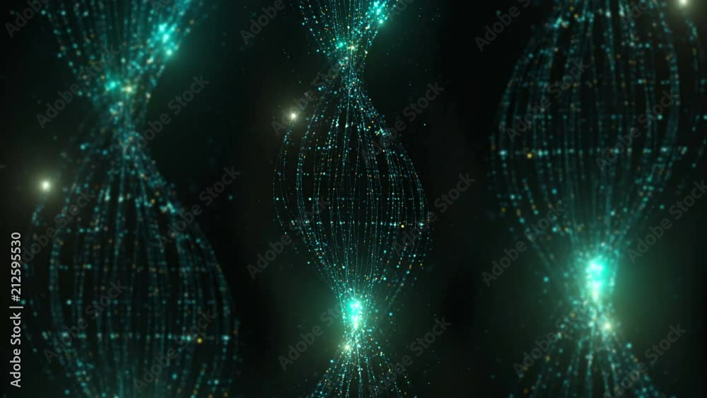 Poster 3d render abstract particle background. lines made of a lot of particles with glow ones are twisted 