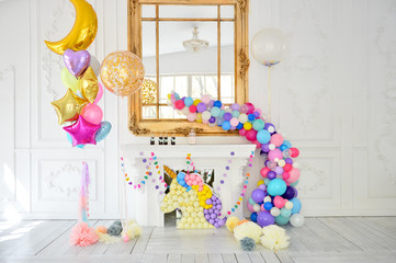 Decorations for birthday party. A lot of balloons. Birthday party decorations. Best decorations for holiday party. 