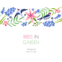 Vector backgrount horizontal with birds in a flower garden