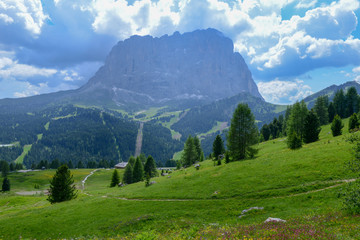 Beautiful summer mountain view of Sella group on Dolomites