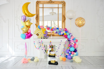 Decorations for birthday party. A lot of balloons. Birthday party decorations. Best decorations for holiday party. 