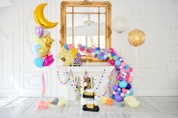 Decorations for birthday party. A lot of balloons. Birthday party decorations. Best decorations for holiday party. 