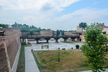 ALBA IULIA, ROMANIA - AUGUST 6, 2017: Citadel fortress Alba Carolina, detail of the bridge entrance