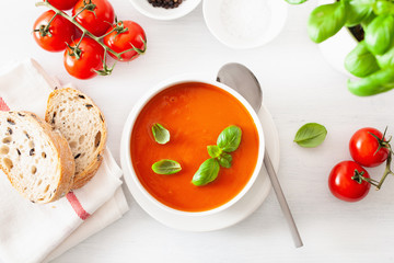 tomato soup flat lay on white backgorund